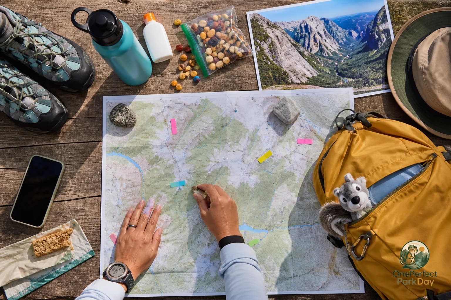 A national park map with three circled stops, a daypack, and a water bottle on a picnic table